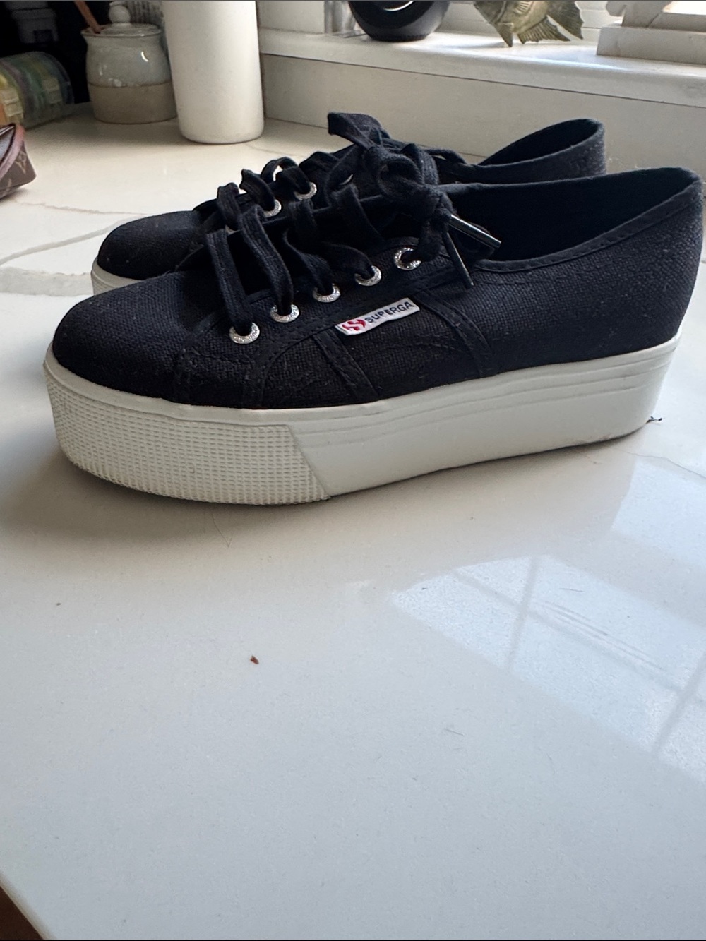Superga Black Canvas Platform Sneakers with White Sole